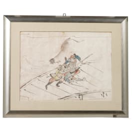 A Japanese ink drawing of three fighting samurai, Edo period