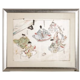 A Japanese ink drawing of a court scene, late Edo period