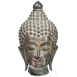 A Cambodian bronze Buddha head in Khmer style, circa 1900