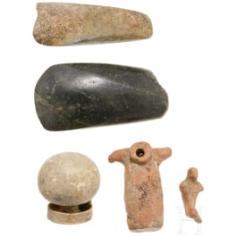 Two stone axes and three ancient ceramic objects