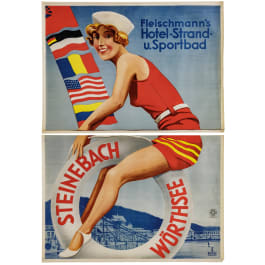 Willi Engelhardt - großformatiges zweiteiliges Plakat als Entwurf für "Fleischmann's Hotel-Strand-u. Sportbad" in Steinebach am Wörthsee in Oberbayern, um 1930