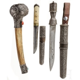 Two Tibetan knives and a bone trumpet, 19th - 20th century