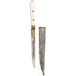 An Ottoman gold damascened kard knife with silver scabbard, 19th century