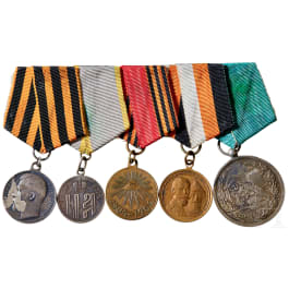 An orders clasp with five Russian medals, between 1895 and 1915