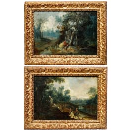 Ein Paar Landschaftsbilder in originalen Barockrahmen, Niederlande, 1. Hälfte 17. Jhdt.