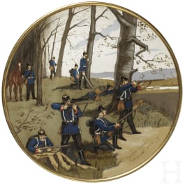 A large wall plate showing the Prussian Guard Infantry, Mettlach, Villeroy & Boch, circa 1880