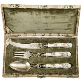 Three pieces of silver porcelain-mounted flatware, probably Meissen, 19th century