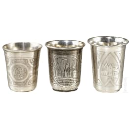 Three large Russian silver (vodka) beakers, St. Petersburg, 1860 resp. Moscow, 1872 resp. Kiev, 1896 - 1908