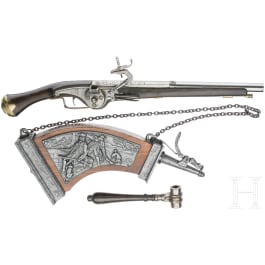A wheelock pistol and a powder flask in 1630s style, repro for decorative purposes only, 20th century