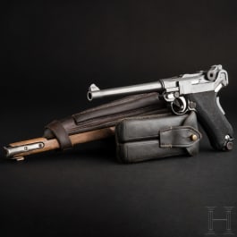 A Luger pistol Mod. 04 (1906) by DWM, 1st pattern ("non altered safety"), with shoulder stock and holster, Reichsmarine