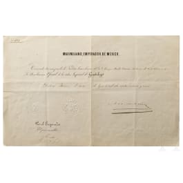 Kaiser Maximilian I. von Mexiko (1832 - 1867) - eigenhändig signierte Verleihungsurkunde zum Offizierskreuz des Ordens Imperial de Guadalupe vom 7. August 1865