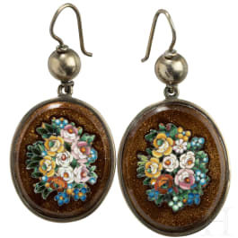 A pair of goldstone (aventurin glass) earrings with micro-mosaic inlays