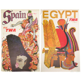 Zwei Werbeplakate der TWA Airlines für Ägypten und Spanien, David Klein