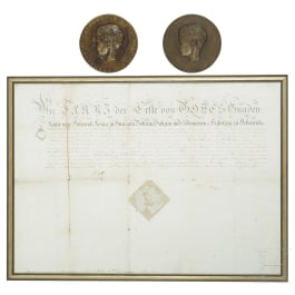 A deed for count Wenzel von Klenau during the reign of emperor Franz I (1804 - 1835) and two bronze plaques, dated 1961