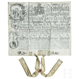 Große Zeugnisurkunde über Gärtnertätigkeit in Niederschlesien, Pergament, 1777