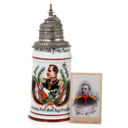 A reservist mug and portrait photo of the musketeer Kinges in the Infantry Regiment "Prinz Carl" (4th Grand Ducal Hessian) No. 118, Worms, 1892 - 1894