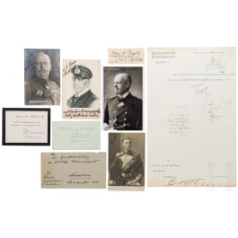 Sieben Autographen, dabei Felix Graf Luckner, Julius Lauterbach-Emden, Erich Ludendorff, Alfred von Tirpitz und Reinhard Scheer