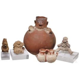 Five pre-Colombian terracottas, three figures and two vessels, 10th - 15th century
