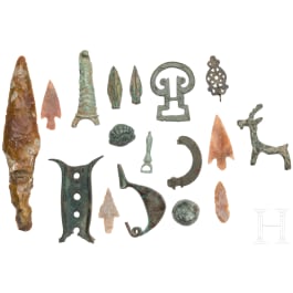 Twelve ancient bronze objects and five Neolithic stone artefacts, 4th millennium B.C. - 16th century A.D.