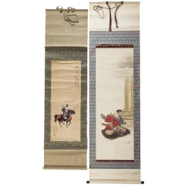 Two Japanese kakemono scroll paintings with samurais, Edo/Meiji period