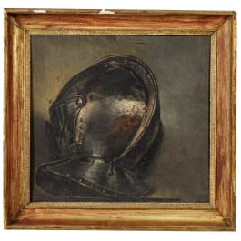 A painting of a coat helmet, signed "J. PAY" and dated "1883"