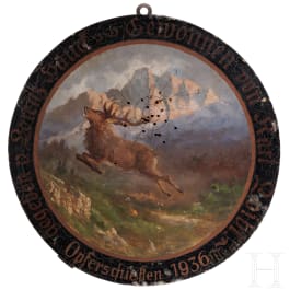 A German shooting target with a flying stag, German (Wasserburg?), dated 1936