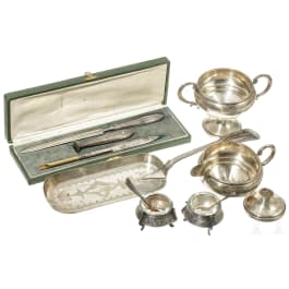 Two plated salt cellars with spoons, a plated crump sweeper, a plated writing set with case, a filled silver milk jug and a sugar bowl, among others Enlgish and Soviet, circa 1900/20th century