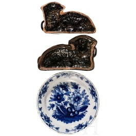 A lamb-shaped pottery backing dish and a faience plate, 19th century