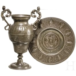 A German plate and a pewter altar vase, 17th century
