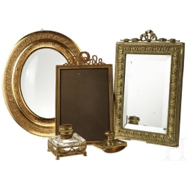 A gilded-brass ink well, an ink blotter, a mirror and two frames (one wood), 19th century