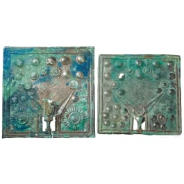 Two Urartian decorated square votive plaques with donkey heads, 9th - 8th century B.C.