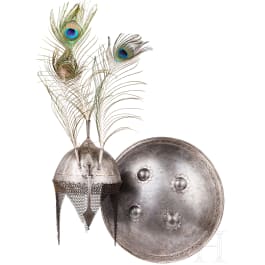 Silber- und goldtauschierter Helm und Schild, Nordindien (Lahore), 1. H&auml;lfte 19. Jhdt.