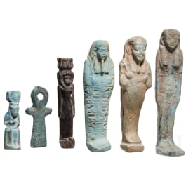 Five ancient Egyptian figures and an Ankh amulet, mostly faience, one figure made of stone, Late Period, mid-1st millennium B.C.
