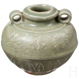 A small Chinese molded Longquan celadon vase, probably Ming Dynasty