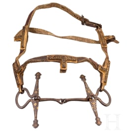 A chiselled Tibetan snaffle with silver and gold inlays, 18th century
