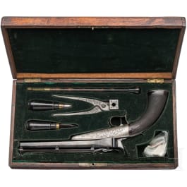 Schwerkraft-Lade-Pistole, System Colette, um 1860, im Kasten