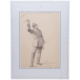 Anton von Werner (1843 - 1915) - Dragoneroffizier mit erhobenem Säbel, Bleistiftzeichnung