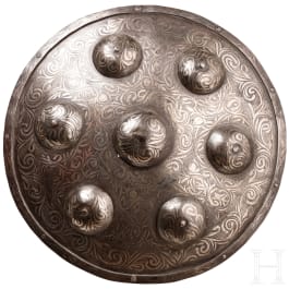 Silbertauschierter Rundschild, Indien, 20. Jhdt.