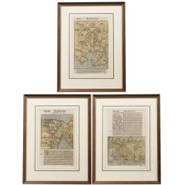 Drei gerahmte Seiten aus der Cosmographia Sebastian M&uuml;nsters (1488 - 1552), deutsch/Schweiz, 16. Jhdt.