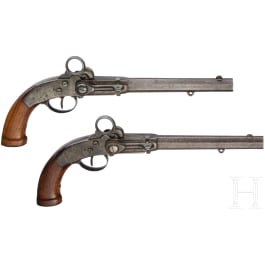 Gendarmerie breechloader percussion pistol pair, Holstein model 1852 with saddle holsters, Ludwig Sauerbrey of Zella (D)