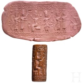 Ancient Babylonian cylinder seal made of brown jasper depicting a cult scene, approx. 1900&ndash;1700 B.C.
