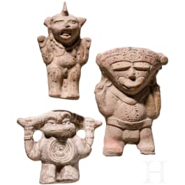 Three Pre-Columbian figural-shaped clay rattles, circa 300 - 1500 AD