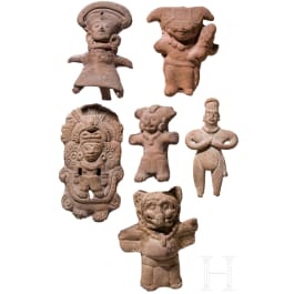 Six Pre-Columbian clay figures, Mexico, Veracruz (three) / Colima (one), circa 400 - 900 AD