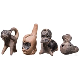 Four Pre-Columbian, animal-shaped clay flutes (ocarinas), circa 500 - 1500 AD