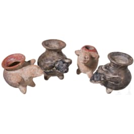 Four Pre-Columbian clay vessels with animal heads, 500 - 1500 AD