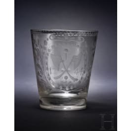 A glass beaker with emblem of the butcher guild, dated 1744
