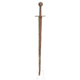 A German knightly sword with disc pommel and inlaid blade inscription, mid-14th century