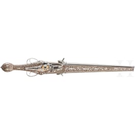 A long, double-barreled wheellock pistol, a modern collector's reproduction in the style of 1610