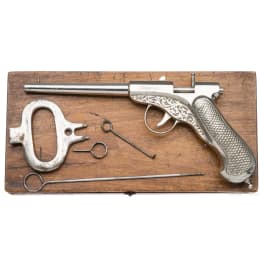 An early air pistol "MF" with accessories in case, Gaggenau, circa 1880