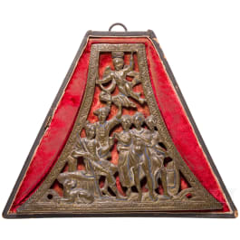 A German gilt brass mount of a musketeer's powder flask, circa 1600